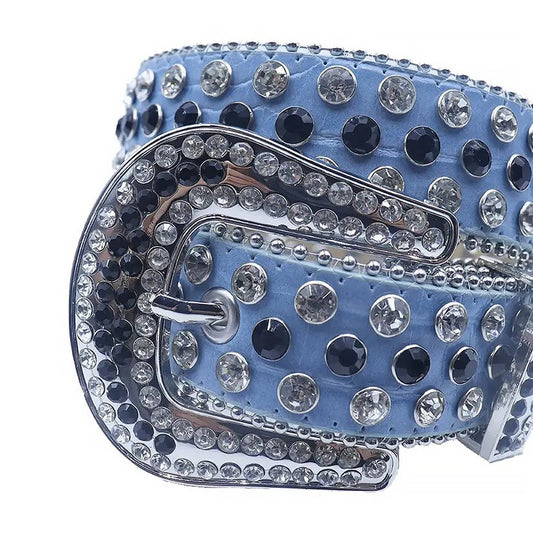 Diamond and Black Rhinestones with Blue Textured Strap Rhinestone Belt
