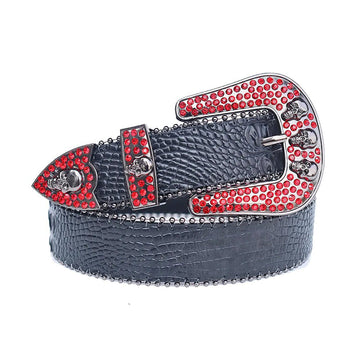 Red Rhinestones with Black Textured Strap and Skull Buckles Rhinestone Belt