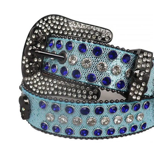 Blue and Clear Rhinestones with Skull Studs on Sky Strap Rhinestone Belt