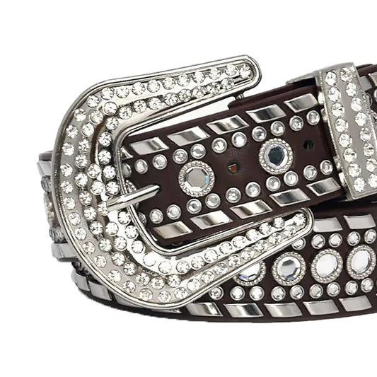 Diamond Rhinestones and Silver Studs with Dark Brown Strap Rhinestone Belt