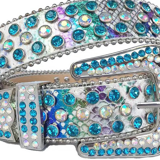 Aqua and Chromatic Design with White Snake Texture Strap Rhinestone Belt