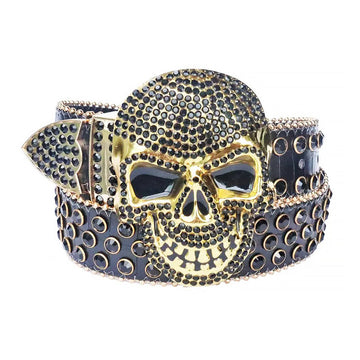 Diamond Rhinestones with Grey Glitter Strap and Skull Buckles Rhinestone Belt