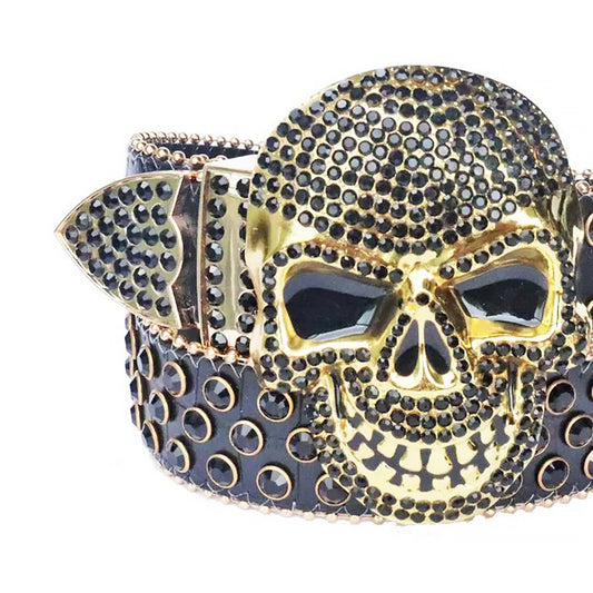 Diamond Rhinestones with Grey Glitter Strap and Skull Buckles Rhinestone Belt