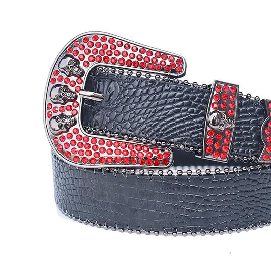 Red Rhinestones with Black Textured Strap and Skull Buckles Rhinestone Belt
