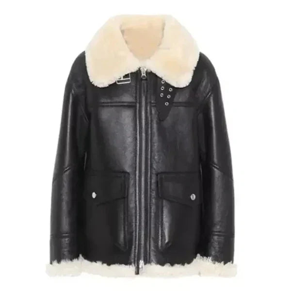 Women's Black Ivory Faux Shearling Aviator Leather Jacket-Women Shearling Jacket-Wayne Leather Jackets