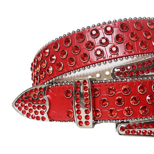 Red Rhinestones with Red Textured Strap and Silver Buckle Rhinestone Belt