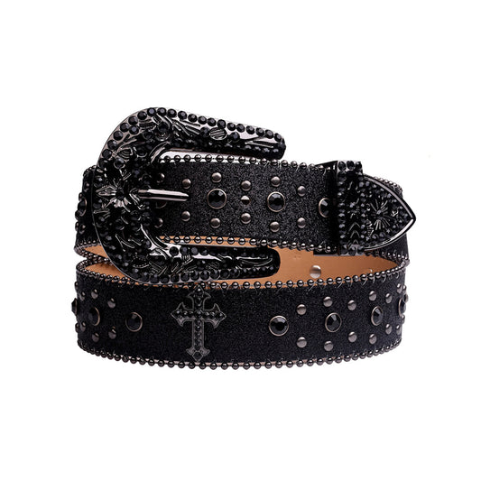 Engraved Buckle Cross Black Strap with Black Studs Rhinestone Belt
