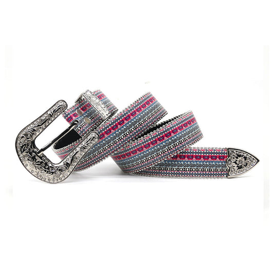 Engraved Buckle Sparkling Fish with White Studded Strap Rhinestone Belt