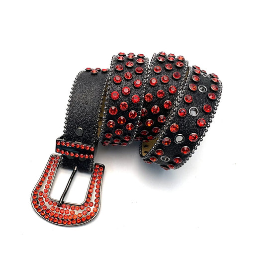 Black Strap with Red Studs Rhinestone Belt