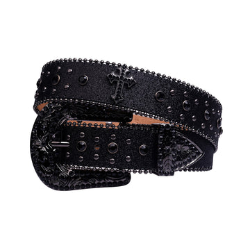 Engraved Buckle Cross Black Strap with Black Studs Rhinestone Belt