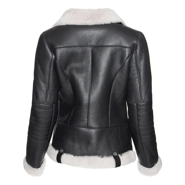 Women's White Faux Fur Merino Shearling Black Leather Jacket