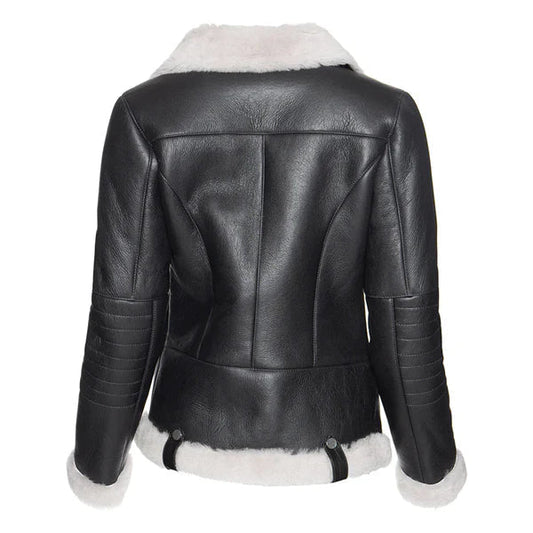 Women's White Faux Fur Merino Shearling Black Leather Jacket