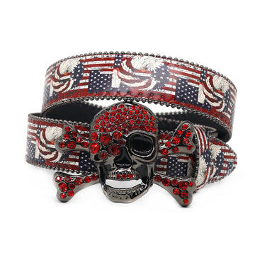 American Flag Skull Buckle with Red Strap Rhinestone Belt