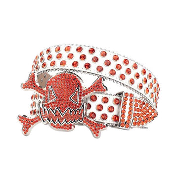 Gengar OrangeBuckle Metal White Strap with Crystal Studs Rhinestone Belt