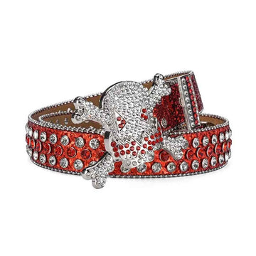 Gengar Silver Buckle Metal Red Strap with Crystal Studs Rhinestone Belt