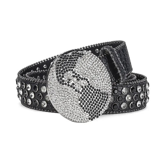 Globe Buckle with Black and Crystal Studs Rhinestone Belt