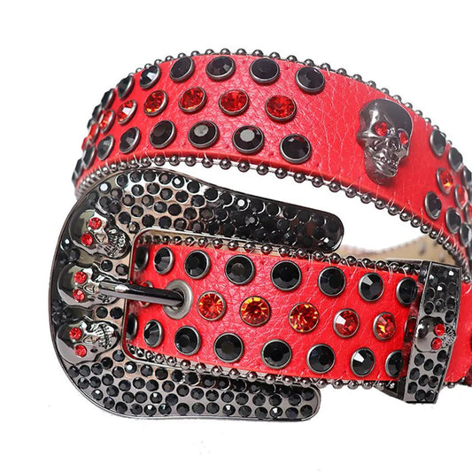 Black and Red Rhinestones with Red Strap and Skull Buckles Rhinestone Belt