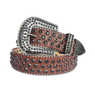 Black Rhinestones with Brown Textured Strap Rhinestone Belt