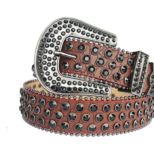 Black Rhinestones with Brown Textured Strap Rhinestone Belt