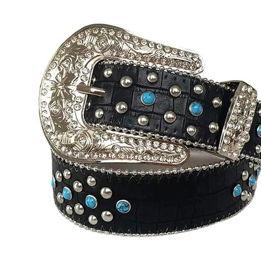 Blue Rhinestones with Black Textured Strap Rhinestone Belt