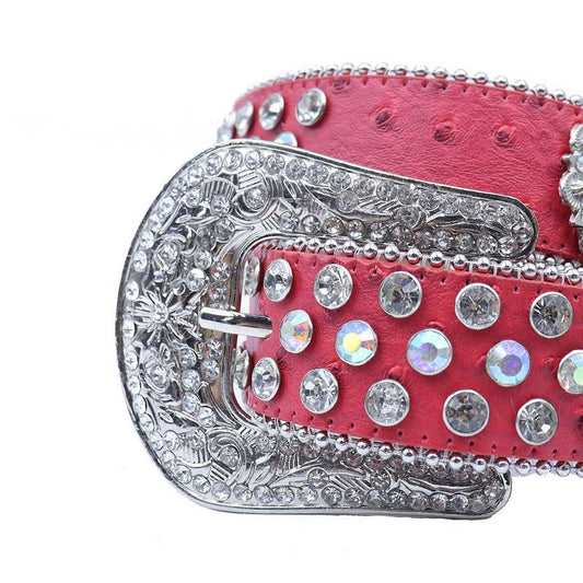 Engraved Buckle Flower Red Strap with Multi and Crystal Studs Rhinestone Belt