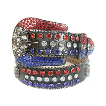 Red and Blue Studs with Black Strap and Skull Buckles Rhinestone Belt