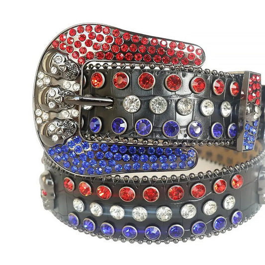 Red and Blue Studs with Black Strap and Skull Buckles Rhinestone Belt