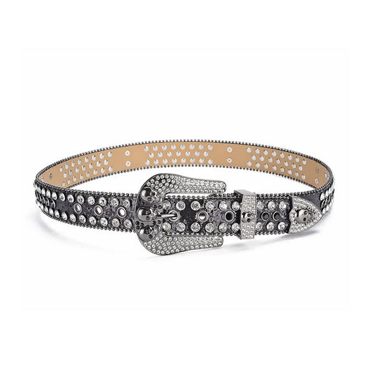 Skull Buckle Black Strap with Crystal Studs Rhinestone Belt