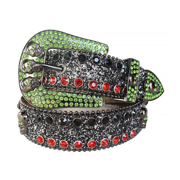 Multi Rhinestones with Black Glitter Strap and Skull Buckles Rhinestone Belt