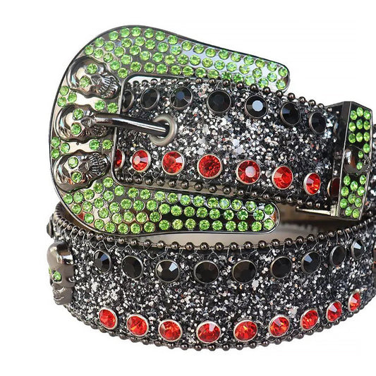 Multi Rhinestones with Black Glitter Strap and Skull Buckles Rhinestone Belt
