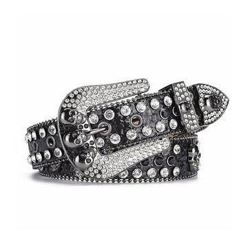 Skull Buckle Black Strap with Crystal Studs Rhinestone Belt