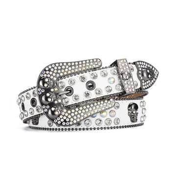 Skull Buckle White Strap with Crystal Studs Rhinestone Belt