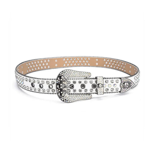 Skull Buckle White Strap with Crystal Studs Rhinestone Belt