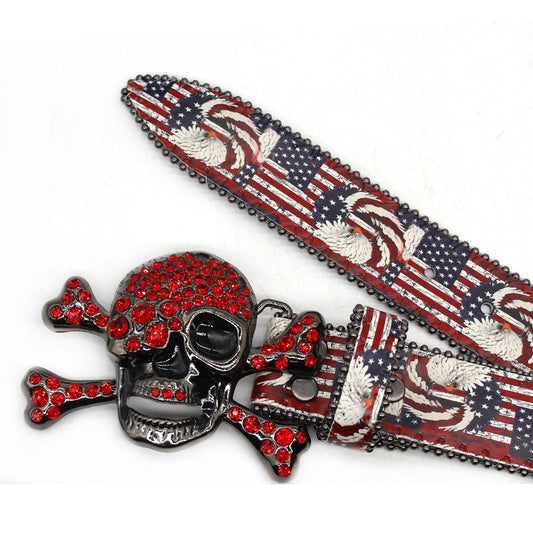 American Flag Skull Buckle with Red Strap Rhinestone Belt