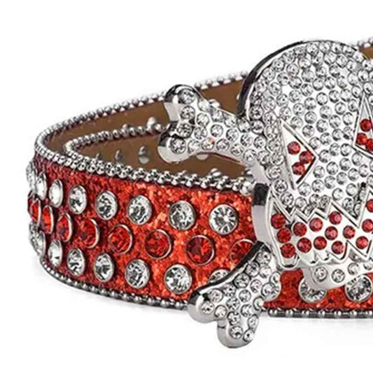 Gengar Silver Buckle Metal Red Strap with Crystal Studs Rhinestone Belt