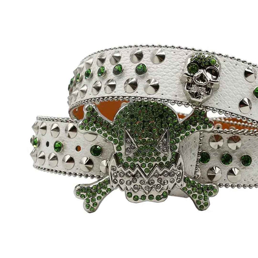 Gengar Green Buckle Metal White Strap with Crystal Studs Rhinestone Belt