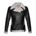 Women's White Faux Fur Merino Shearling Black Leather Jacket