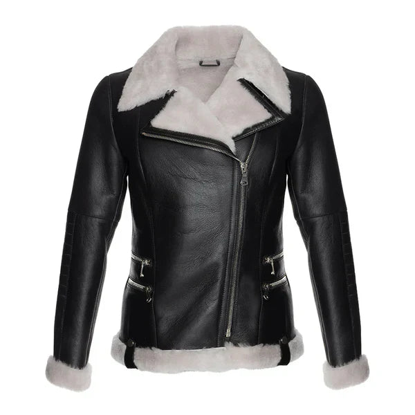 Women's White Faux Fur Merino Shearling Black Leather Jacket