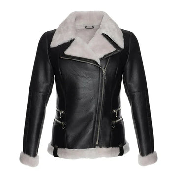 Women's White Faux Fur Merino Shearling Black Leather Jacket