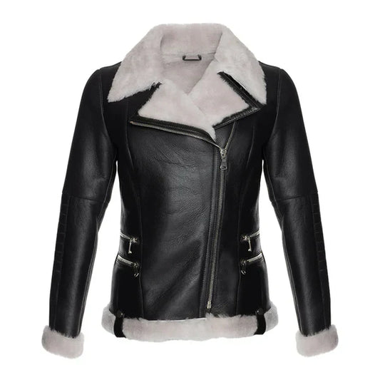 Women's White Faux Fur Merino Shearling Black Leather Jacket