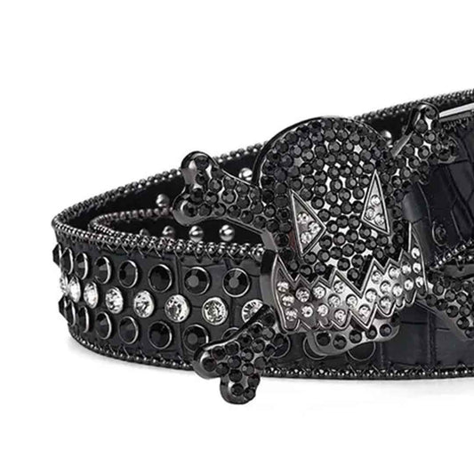 Gengar Buckle Metal Black Strap with Crystal Studs Rhinestone Belt