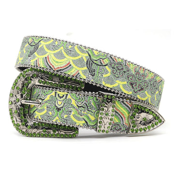Art Style Engraved Buckle with Green Strap Rhinestone Belt