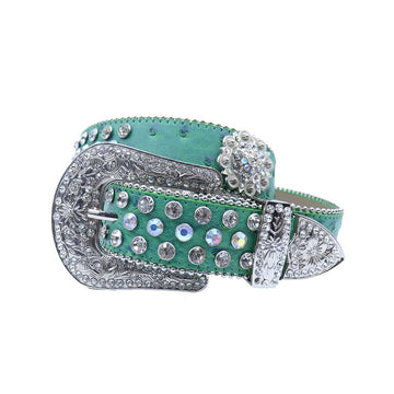 Engraved Buckle Flower Green Strap with Multi and Crystal Studs Rhinestone Belt