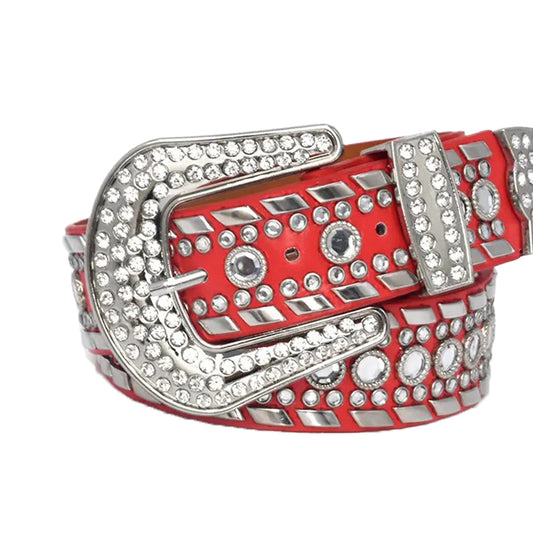 Diamond Rhinestones and Silver Studs with Red Strap Rhinestone Belt