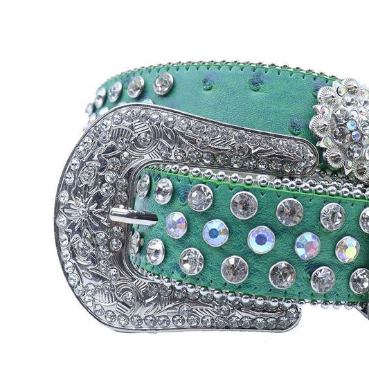 Engraved Buckle Flower Green Strap with Multi and Crystal Studs Rhinestone Belt
