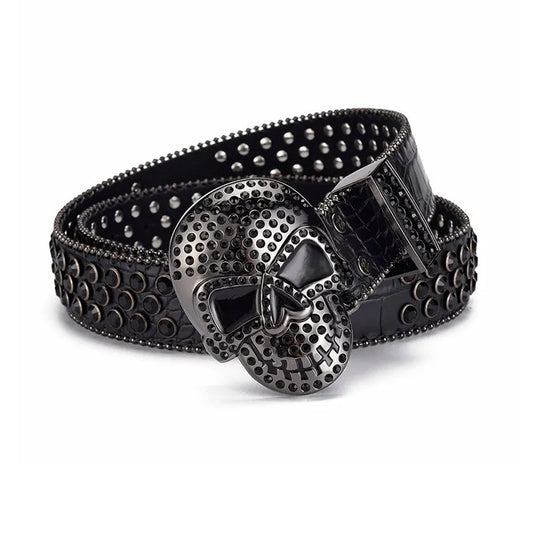 Skull Buckle Black Strap with Black Studs Rhinestone Belt