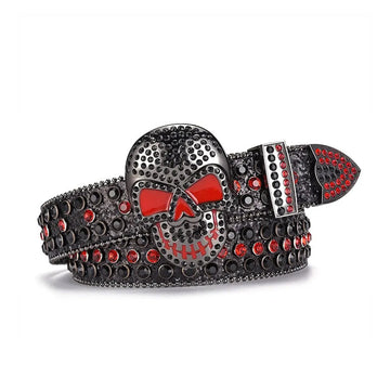 Skull Buckle Black Strap with Black and Red Studs Rhinestone Belt