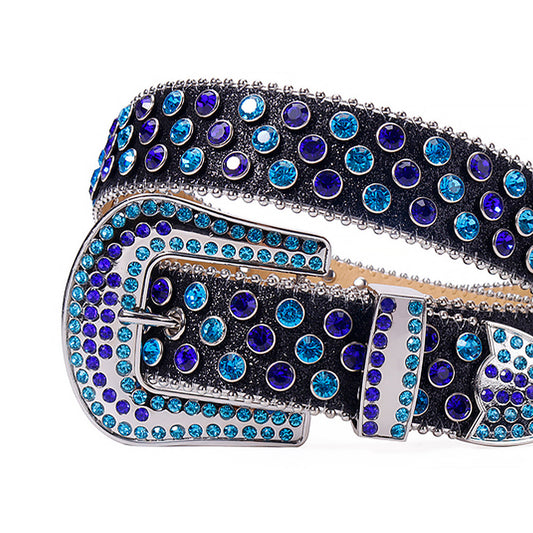 Blue and Purple Studs with Shiny Black Strap Rhinestone Belt