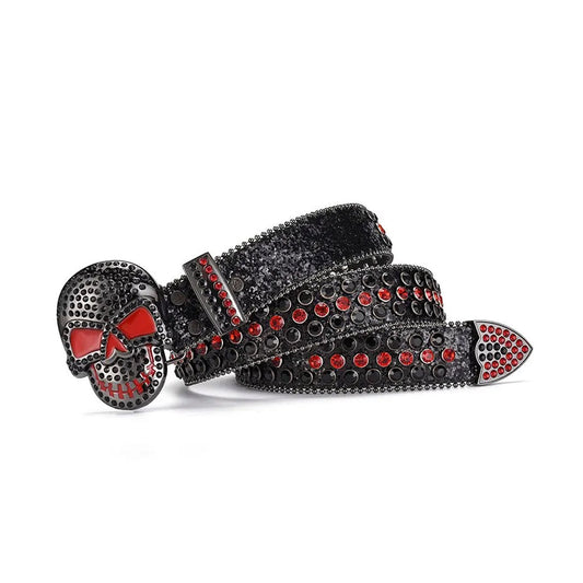 Skull Buckle Black Strap with Black and Red Studs Rhinestone Belt