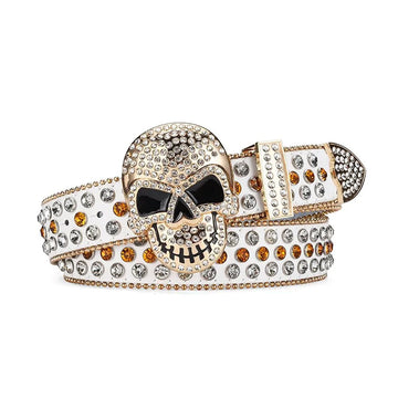 Skull Buckle White Strap with Crystal and Gold Studs Rhinestone Belt
